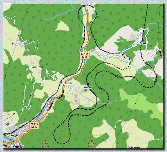 Bośnia i Hercegowina. Odcinek Bradina - Konjic linii Sarajevo - Ploče, zejście do doliny Neretvy. 25 km długości, 470 m różnicy poziomów, 35 tuneli. Linia zelektryfikowana normalnotorowa, zasilanie 25 kV AC.