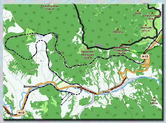 Bieszczady - Ukraina. Południowe podejście pod Przełęcz Użocką, odcinek Wołosianka - Sianki linii Čop - Lwów. 22 km długości, 348 m różnicy poziomów, 6 tuneli. Linia zelektryfikowana szerokotorowa 1520 mm, zasilanie 3 kV DC.